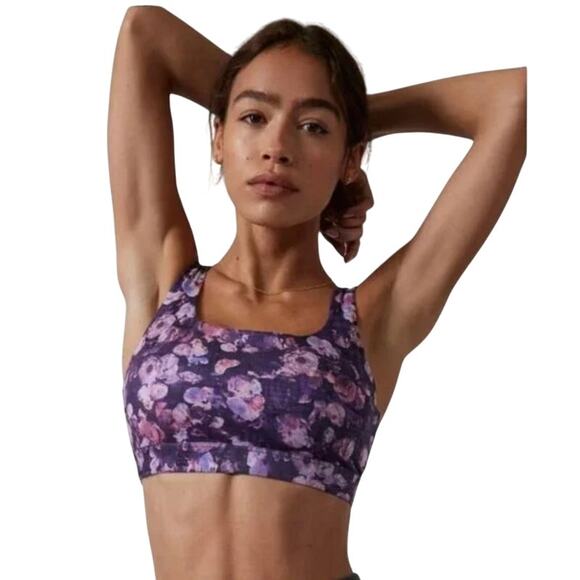 Athleta Exhale Printed Purple Strappy Floral Sports Bra Women's Size Small - Picture 1 of 6
